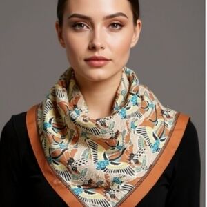 Chic Floral Silk Scarf with Tan and Blue Accents